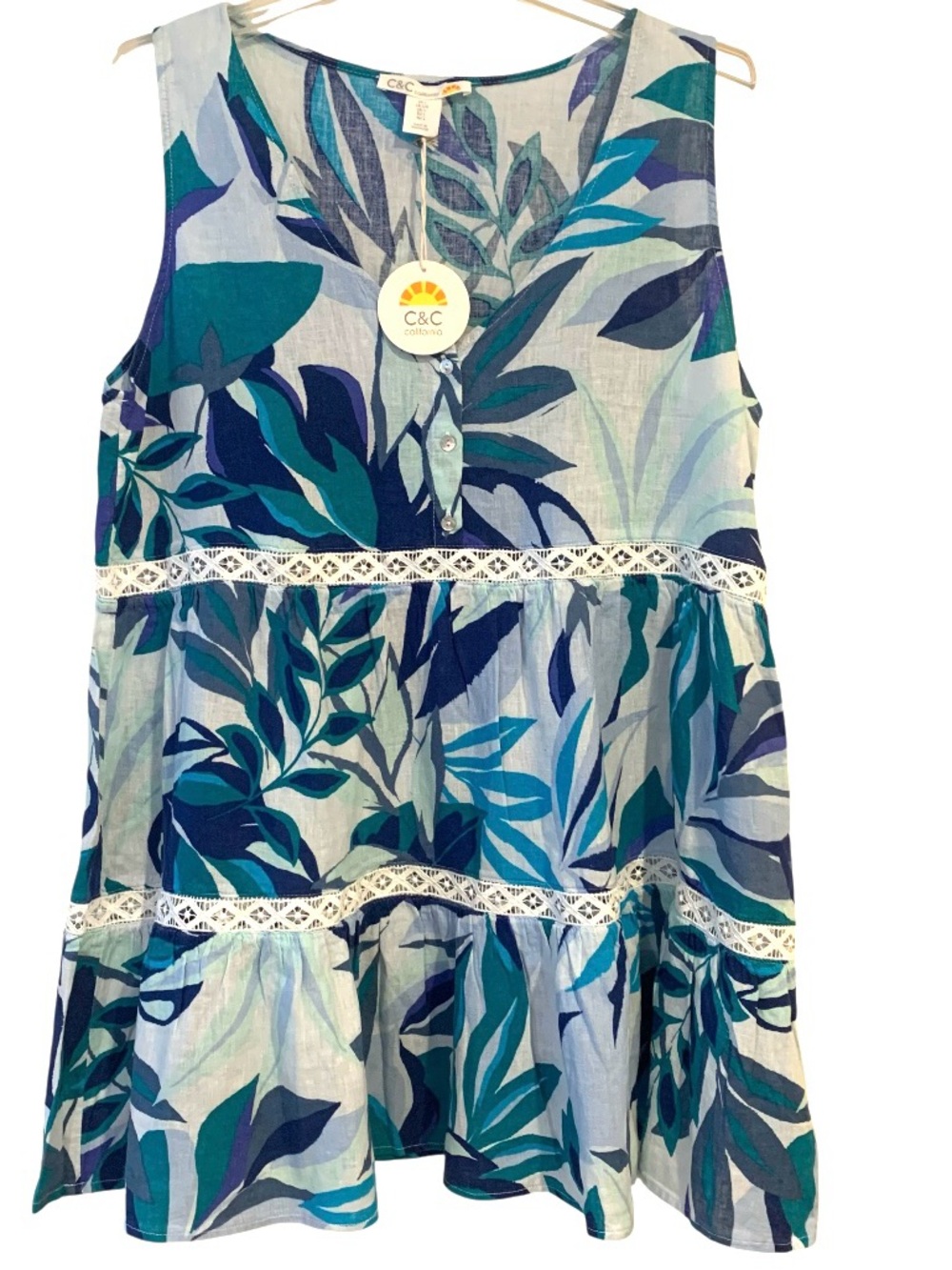 C&C California Tiered Dress Cover Up Blue Green Tropical Linen Sleeveless Size L